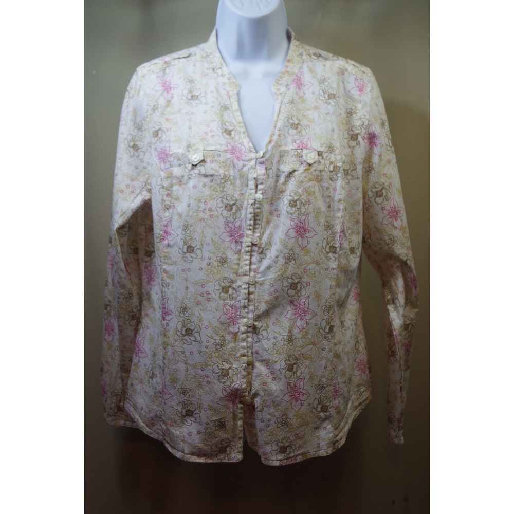 Magellan Sportswear Womens Large Pink Tan Floral Cotton Button Down Shirt L
